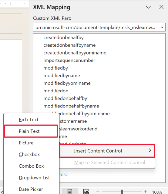 Screenshot of Word. Focus is on the XML Mapping pane on the Developer menu and the Custom XML Part option.