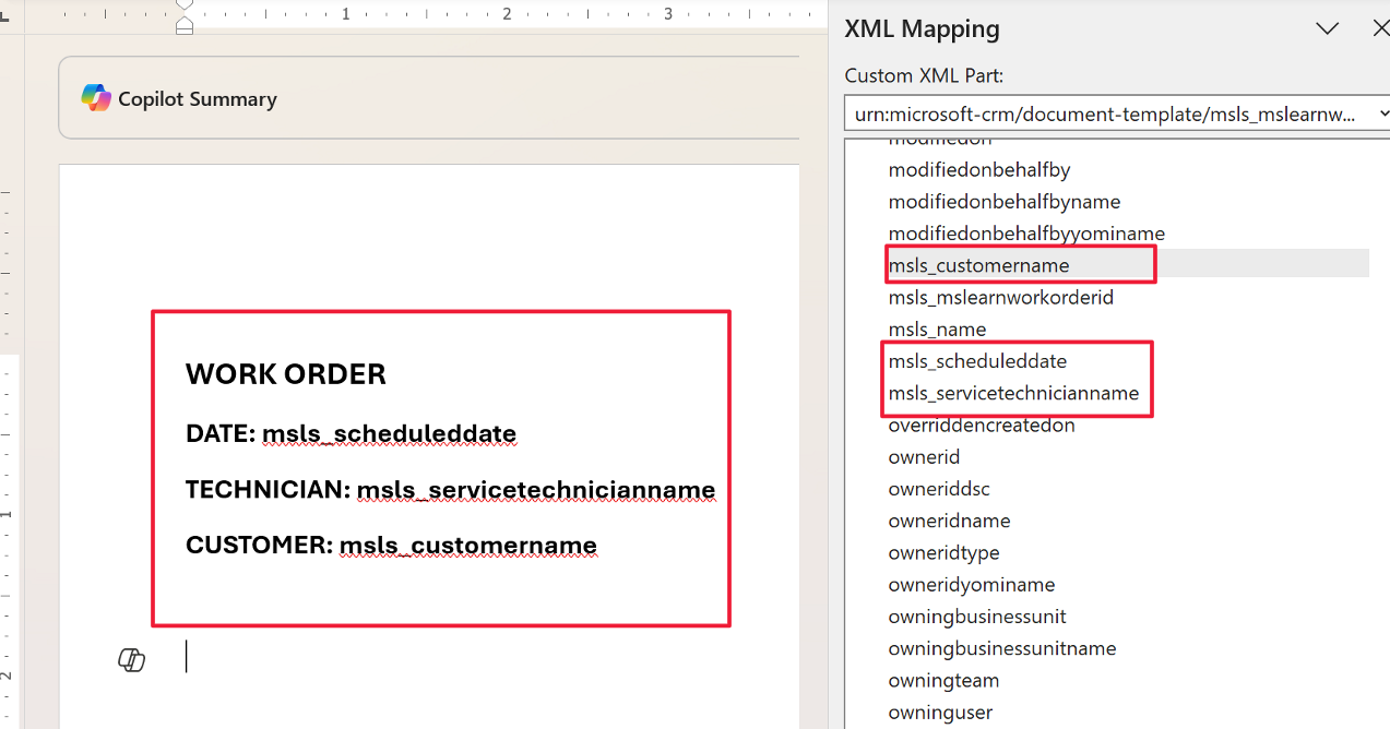 Screenshot of the Custom XML Part option and add title field.