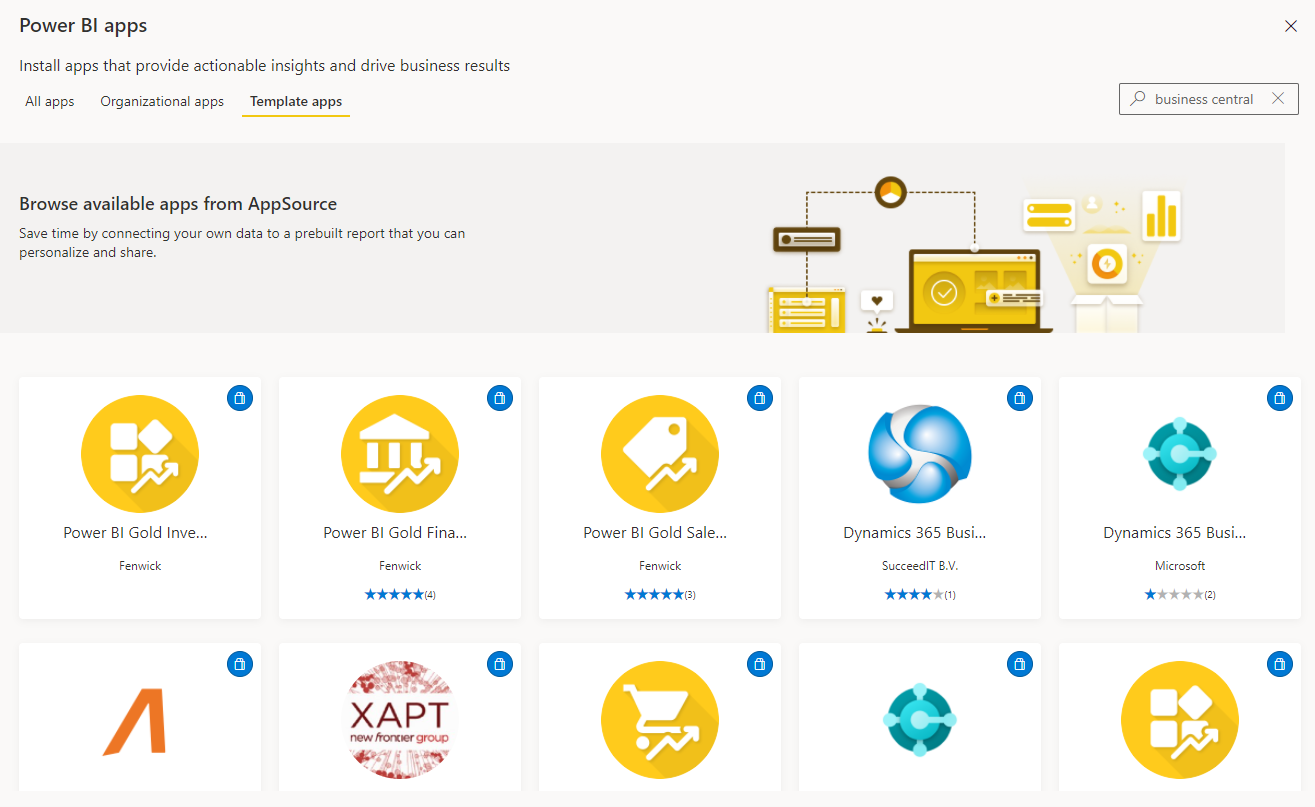 Screenshot of the Power BI Business Central apps.