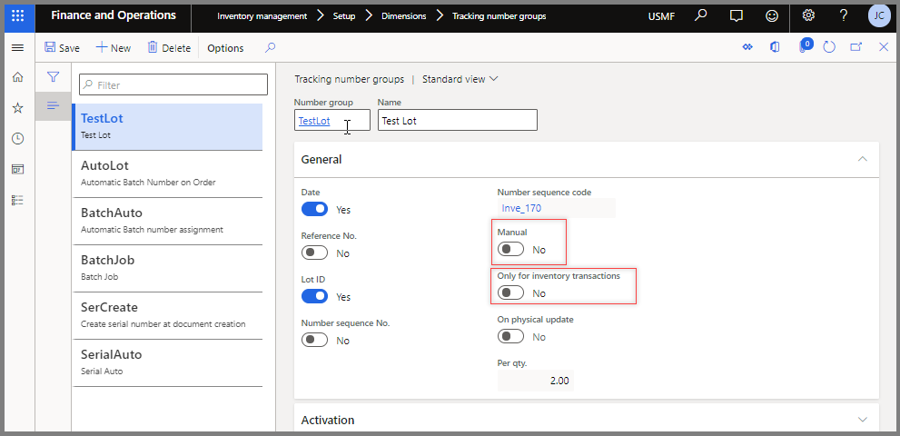 Screenshot of the finance and operations Tracking number groups page and Manual field.