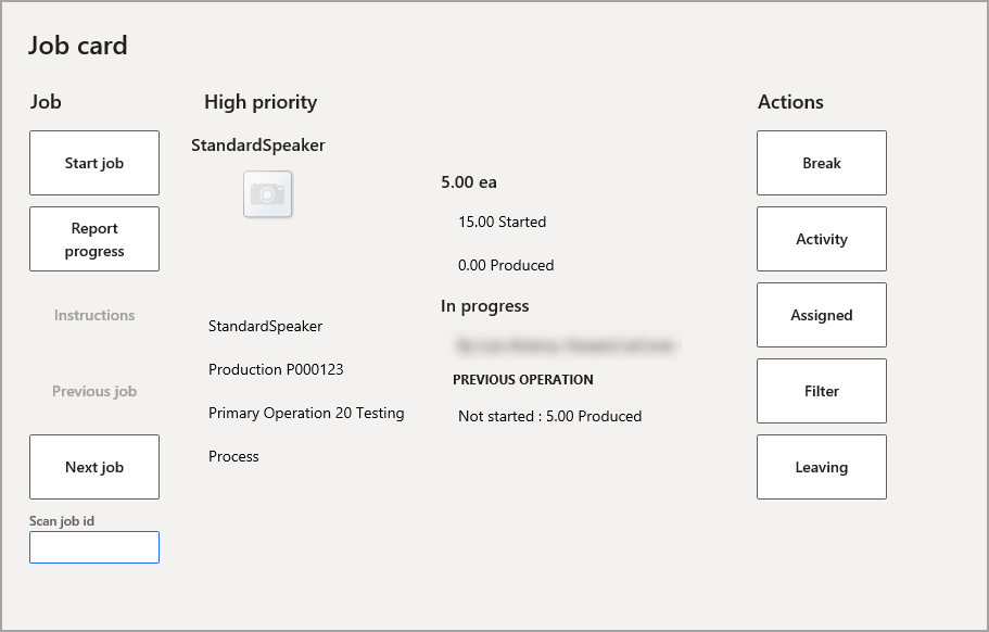 Screenshot of the finance and operations job card.