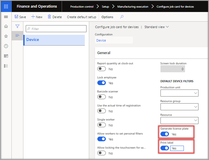 Screenshot of the finance and operations Configure job card for devices page.