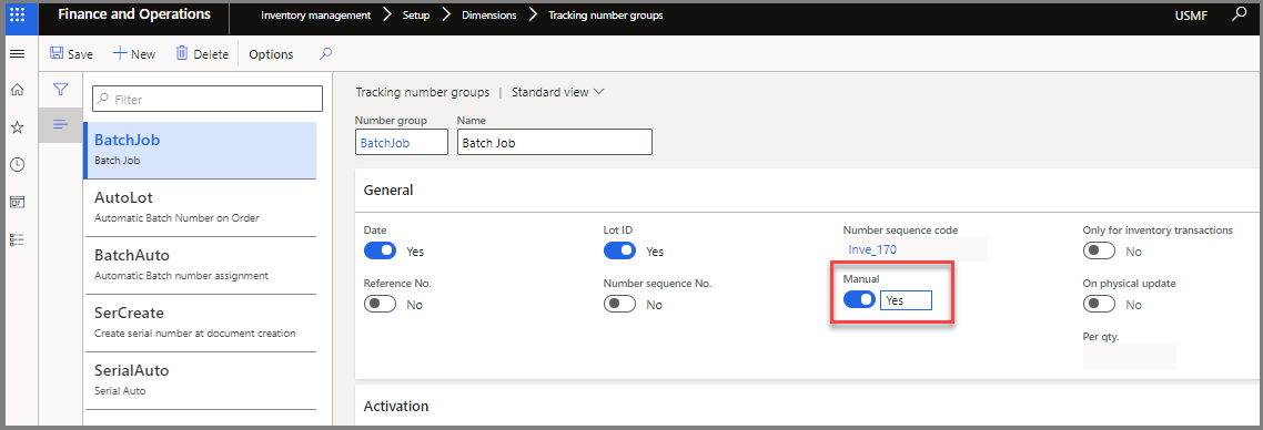 Screenshot of the finance and operations Tracking number groups page.