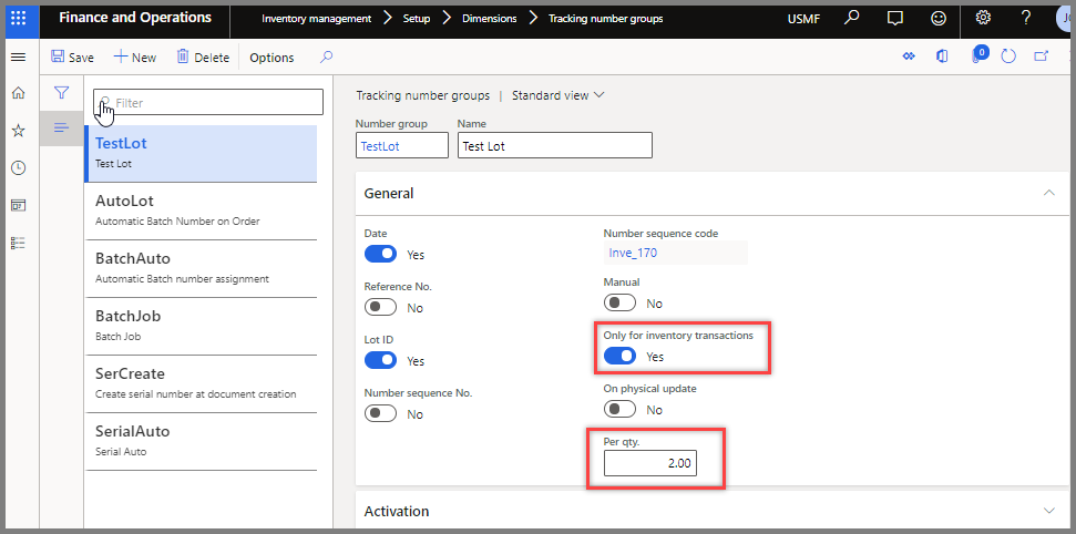 Screenshot of the finance and operations Tracking number groups page and Per qty. field.