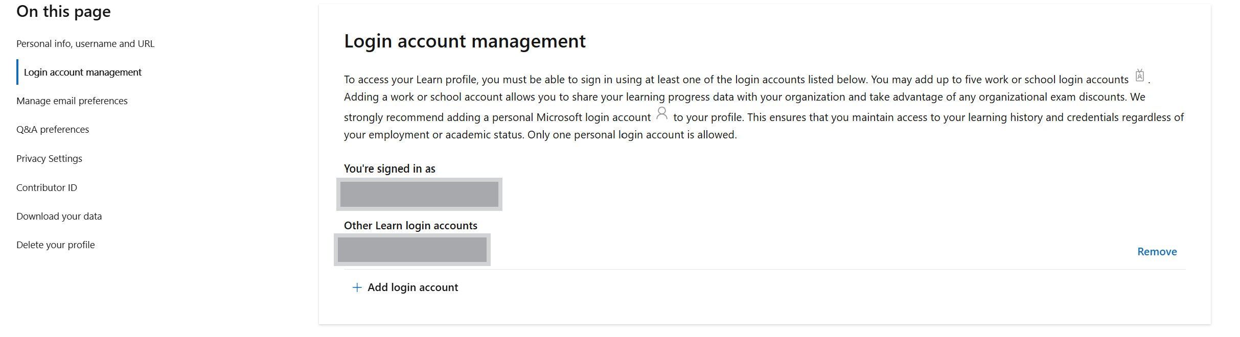 Näyttökuva Microsoft Learnin profiiliasetusten Tilin hallinta -osiosta.