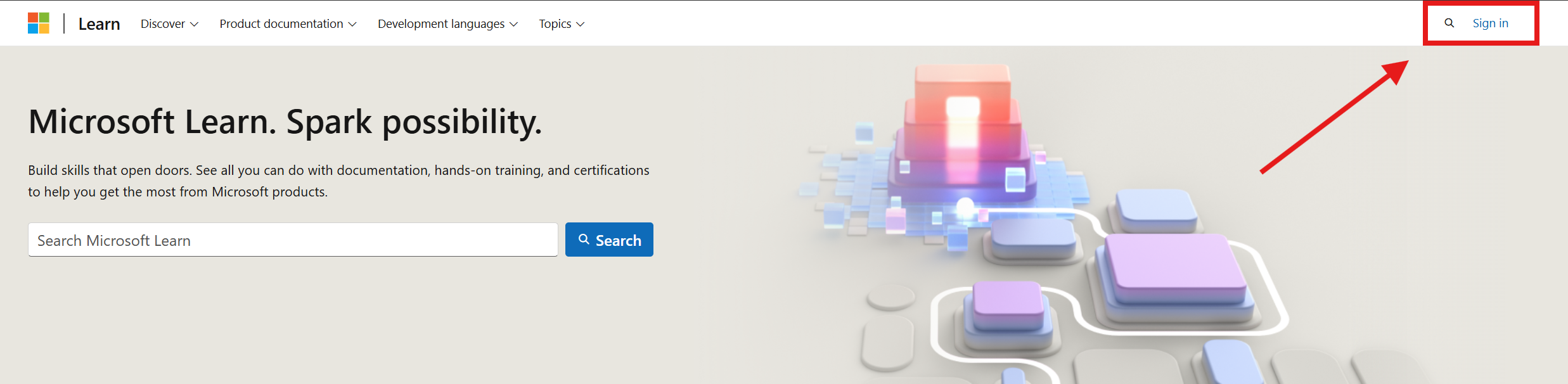 Näyttökuva Microsoft Learn -aloitussivusta, jossa nuoli näkyy kirjautumislinkin yläkulmassa oikeassa yläkulmassa.