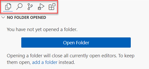 Näyttökuva Visual Studio Coden sivupalkin yläreunassa sijaitsevasta toimintarivistä.