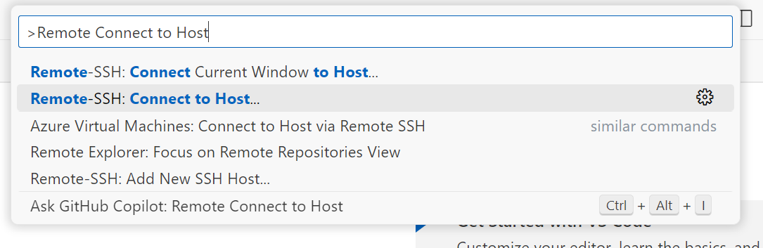 Visual Studio Coden komentovalikoiman näyttökuva, joka näyttää yhteyden muodostamisvaihtoehdon isäntään.