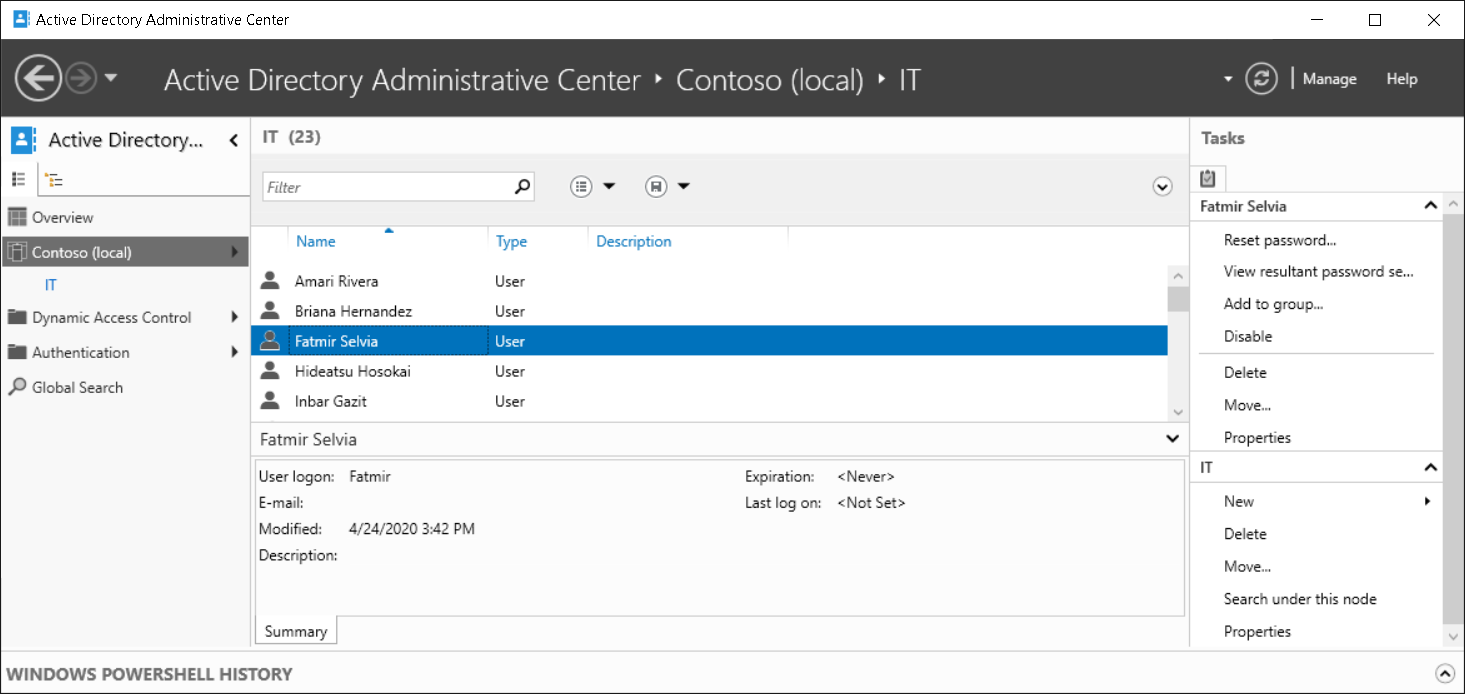 Näyttökuva Active Directory -hallintakeskuksesta. Järjestelmänvalvoja on valinnut IT-OU:n Contoso.com toimialueella.