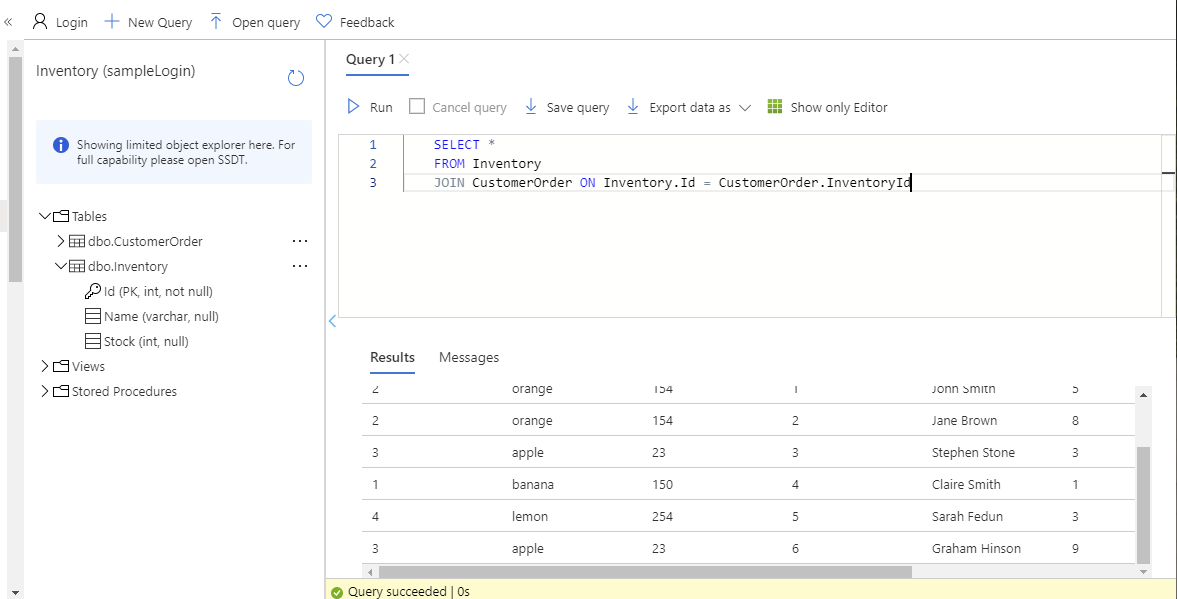 Suorita JOIN-kysely SQL-tietokannan kyselyeditorissa.