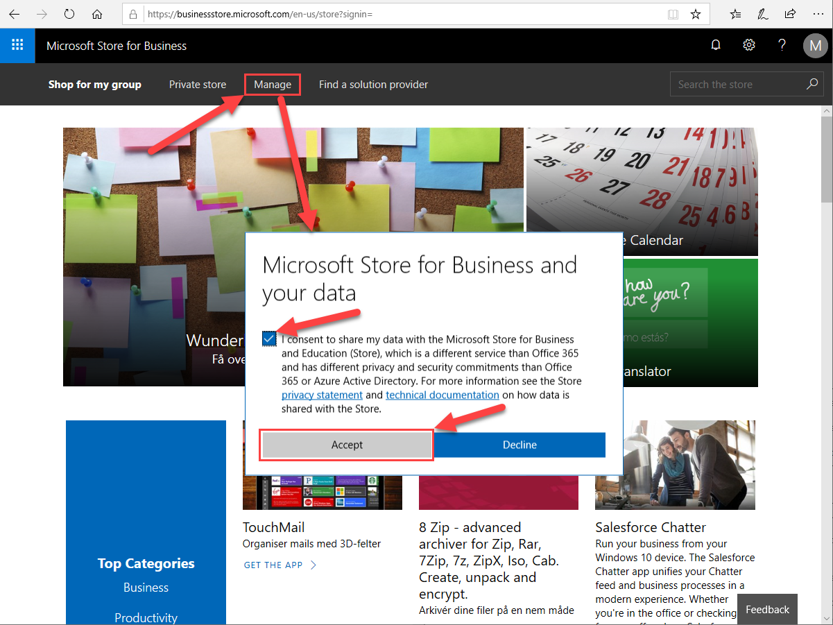 Sign up screen for Microsoft Store for Business.