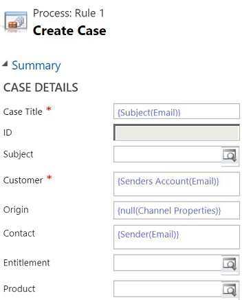 Screenshot that shows the values set for the Customer and Contact fields.