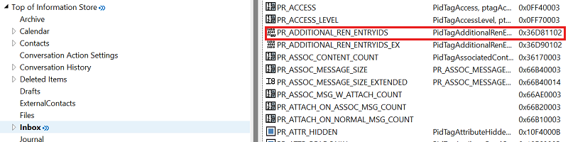 Screenshot of the MFCMAPI page in which the PR_ADDITIONAL_REN_ENTRYIDS property is highlighted.
