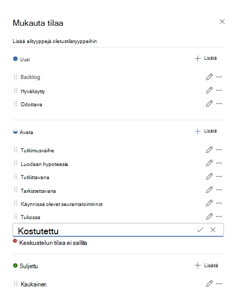 Näyttökuva, jossa näkyvät oletustila-asetukset ja mukautetut tilat.