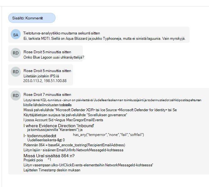 Näyttökuva, jossa näkyvät analyytikoiden väliset epäviralliset kommentit.
