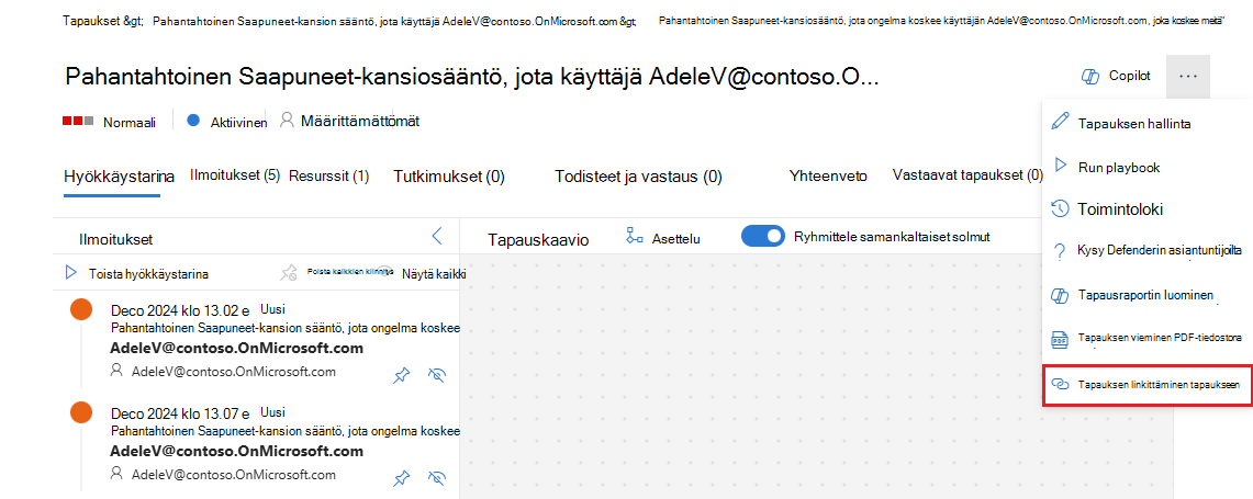 Näyttökuva, jossa näkyy linkkitapausvaihtoehto kolmen pisteen valikosta tapausnäkymässä.