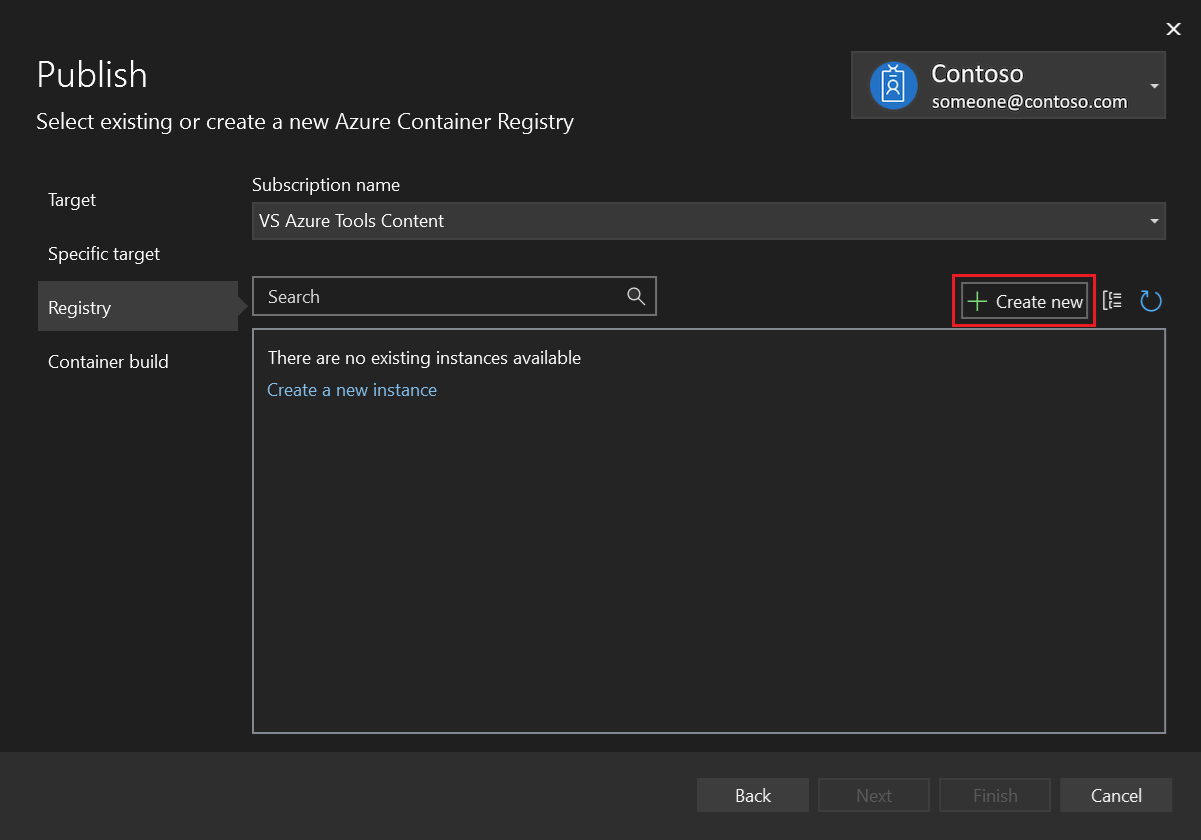 Screenshot of Publish dialog - choose Create a new Azure Container Registry.