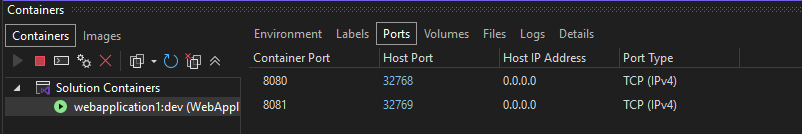 Screenshot of Ports tab in Containers window.