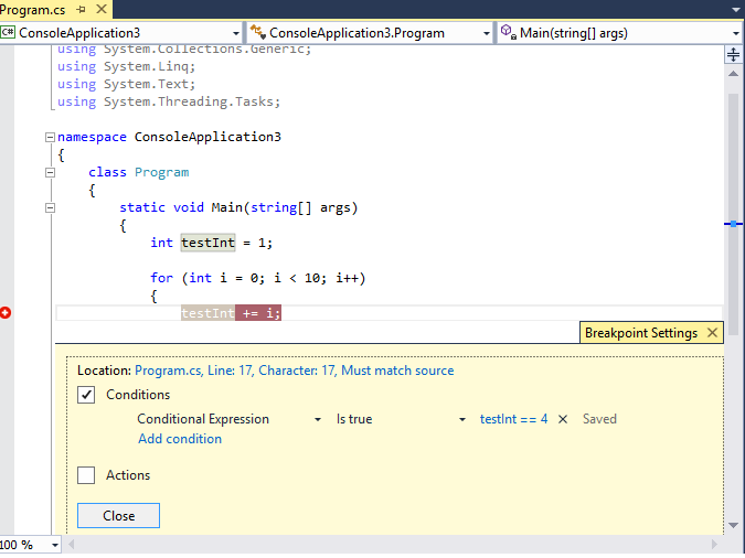 Breakpoint Is true Breakpoint condition is true