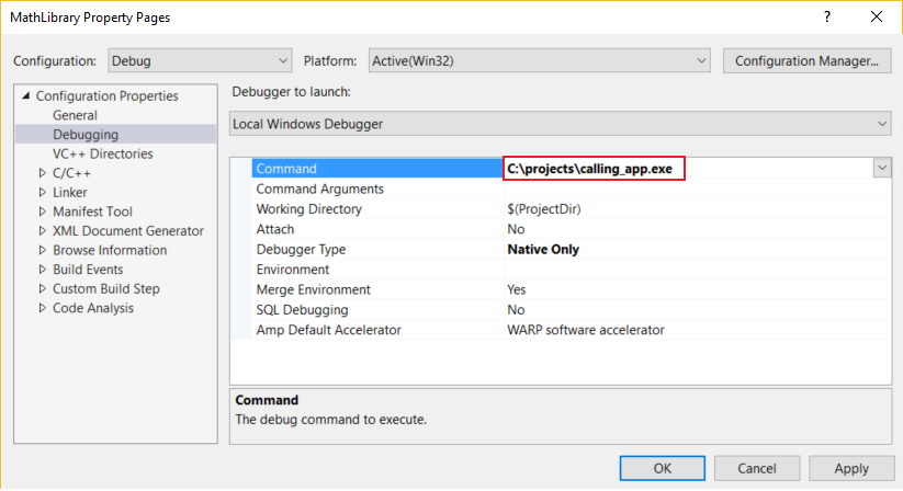 Debug Properties window Debug Properties window