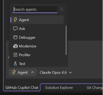 Screenshot showing the agent picker with custom agents in Visual Studio.