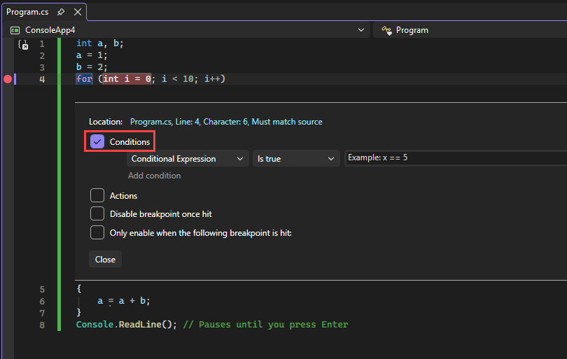 Screenshot that shows the breakpoint settings.