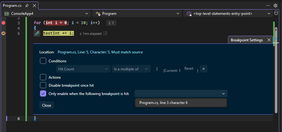 Screenshot that shows a dependent breakpoint.