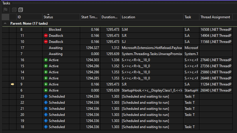 PDB_Walkthrough_10 Screenshot of Four task states in Parallel Stacks window.