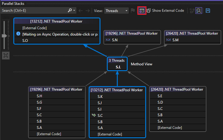 PDW_Walkthrough_4 Screenshot of Method view in Parallel Stacks window.