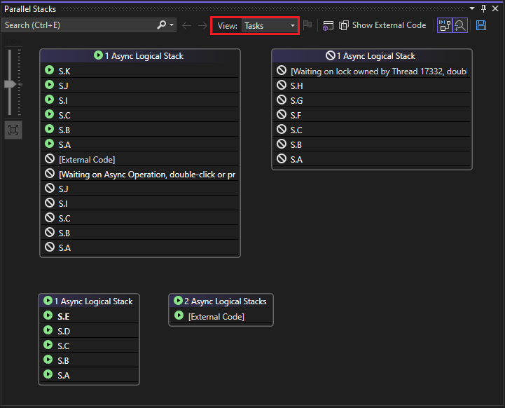PDB_Walkthrough_8 Screenshot of Tasks view in Parallel Stacks window.