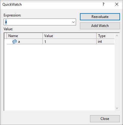 QuickWatch variable Screenshot of QuickWatch variable.
