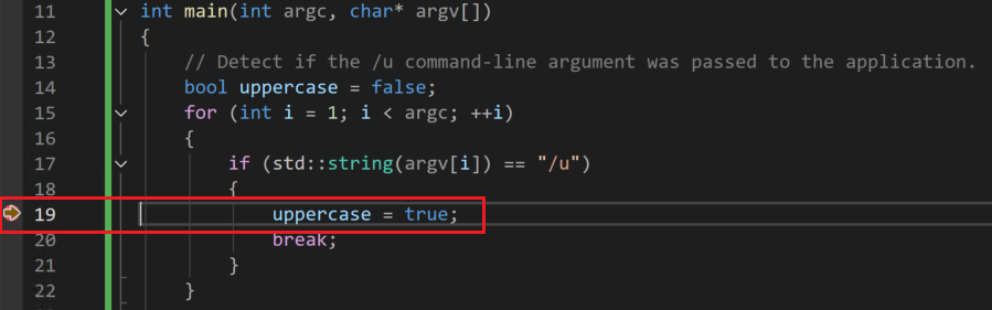 Screenshot of the debugger stopped on line 18, uppercase = true.