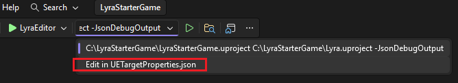 Screenshot of the command-line argument drop-down list for Unreal Engine projects. It shows Edit in UETargetProperties.json as an option.