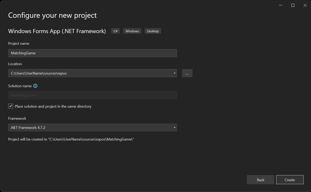 Screenshot of the Configure your new project window in Visual Studio 2022.