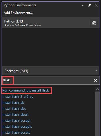 Screenshot that shows how to install the Flask library by using pip install in Visual Studio.