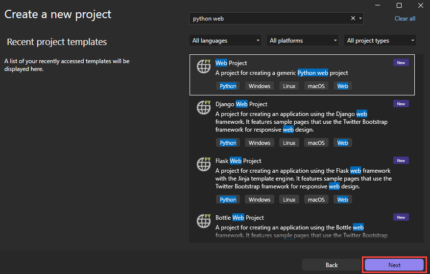 Screenshot that shows how to create a new Python Web Project in Visual Studio.