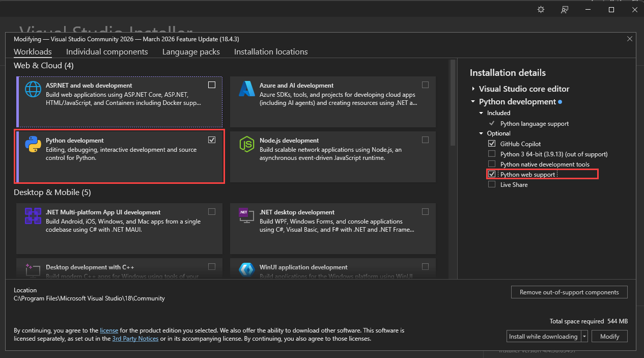Screenshot of the Visual Studio Installer with the Python development workload and Python web support selected.