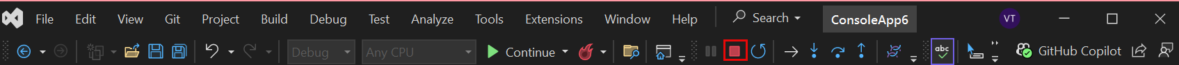 Screenshot of the Stop button in the debug toolbar.