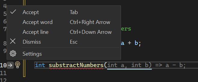 Screenshot that shows suggestions to accept or modify a GitHub Copilot code suggestion in Visual Studio.