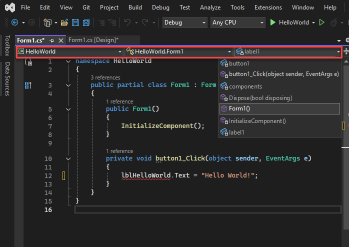 Code navigation bar