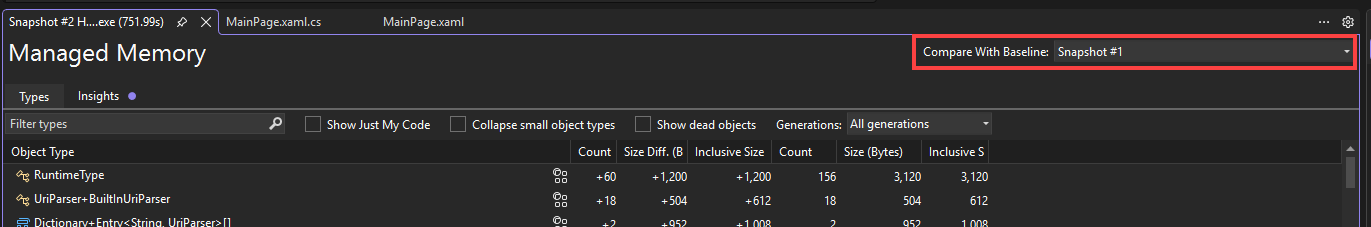 Screenshot of the Compare To dropdown list in a Memory Usage report, showing available snapshots for comparison.