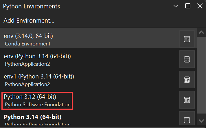 Screenshot of an invalid environment in the Python Environments window.