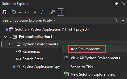 Screenshot that shows the Add Environment command in Visual Studio.