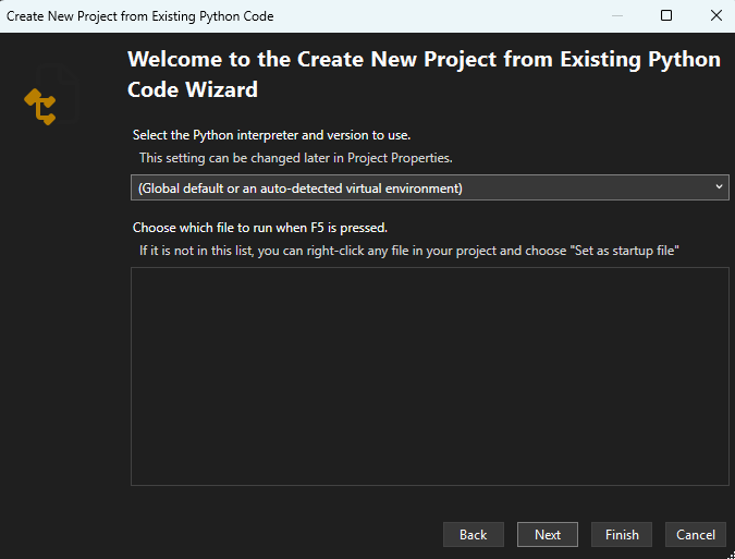 Screenshot of New Project Creation from Existing Code window, including choosing the startup file and Python environment in Visual Studio.