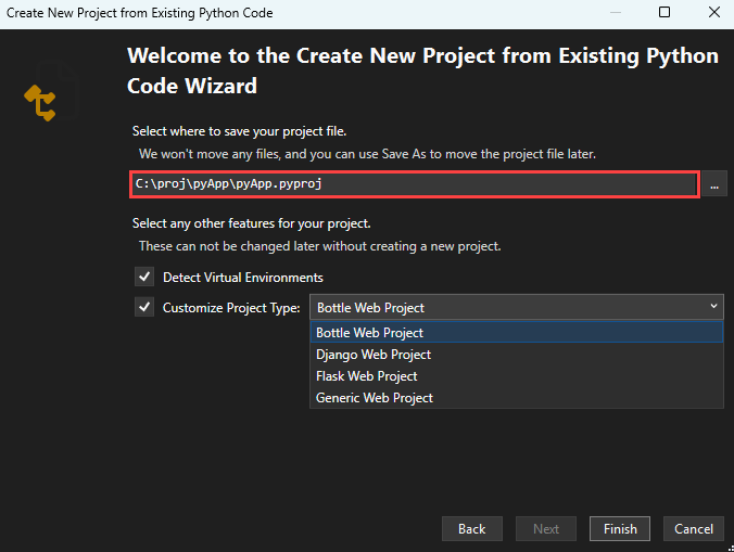 Screenshot of a New Project creation from Existing Code window, including the location for the project file and other optional settings in Visual Studio.