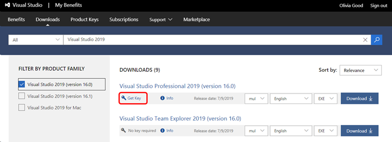 Select Get key on the information page for any download to get a key for that product. Get Key from Downloads Page