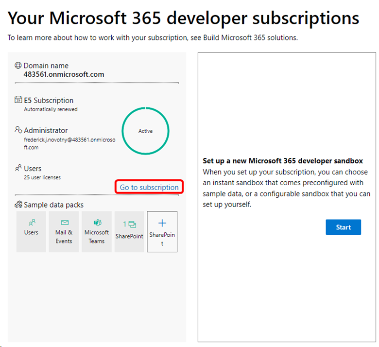 Screenshot of the Microsoft 365 developer subscription dashboard. The Go to subscription link is highlighted. Microsoft 365 Developer dashboard