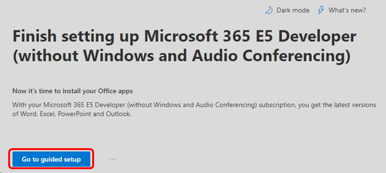 Screenshot of the finish setting up Microsoft 365 dialog. The Go to guided setup button is highlighted. Microsoft 365 Developer guided setup