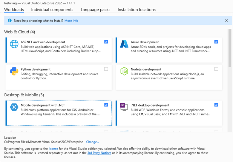 Screenshot showing the available customization options on the Workloads tab for Visual Studio Enterprise. Screenshot showing the available customization options on the "Workloads" tab for Visual Studio Enterprise.