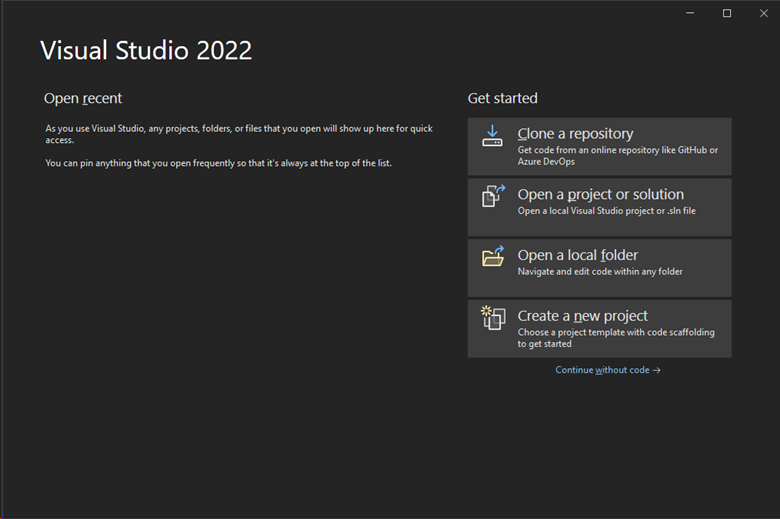 Screenshot of the options for getting started with using the newly installed Visual Studio. Screenshot of the options for getting started with using the newly installed Visual Studio.